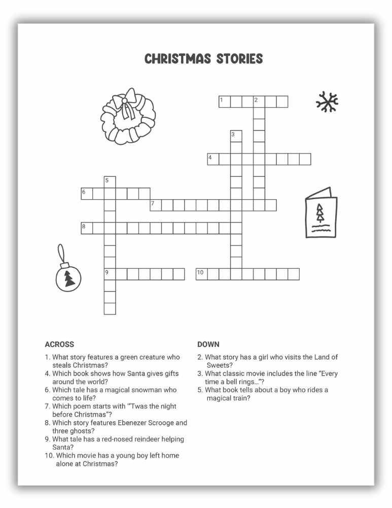 Christmas stories crossword worksheet with clues based on classic holiday books and movies.