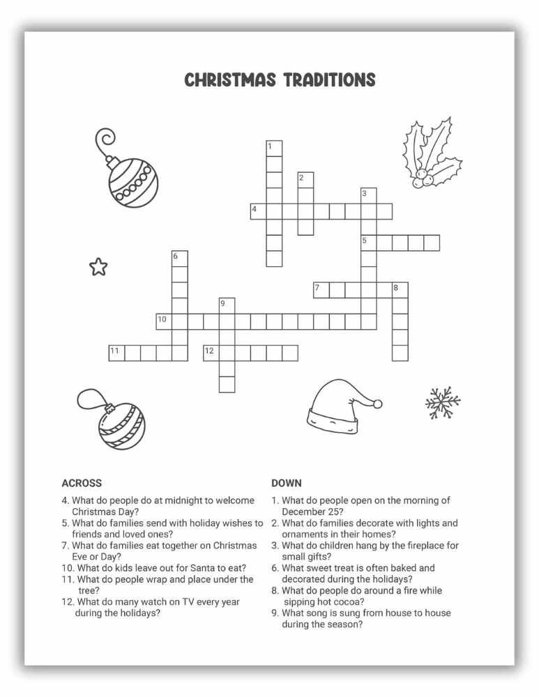 Printable Christmas traditions crossword covering clues about seasonal customs and family holiday activities.