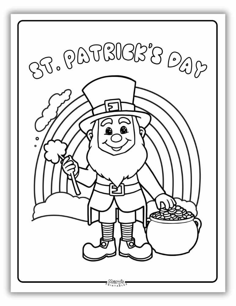 Cute leprechaun coloring page with pot of gold and shamrocks for St. Patrick’s Day