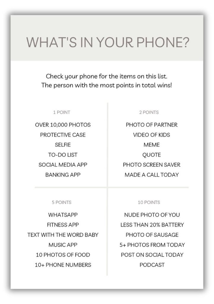 Neutral baby shower What’s in Your Phone game featuring a points chart for phone content like selfies, apps, social posts, and battery level.