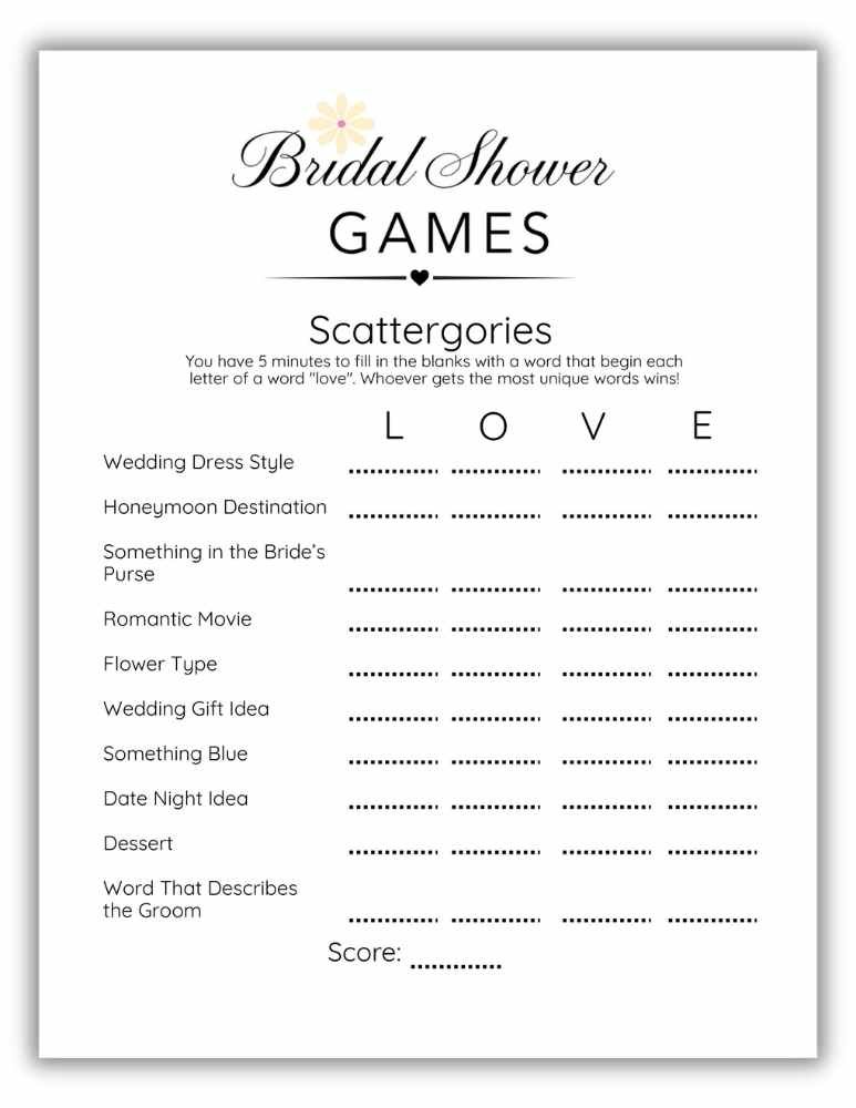 Minimalist floral scattergories bridal shower printable game using LOVE categories.