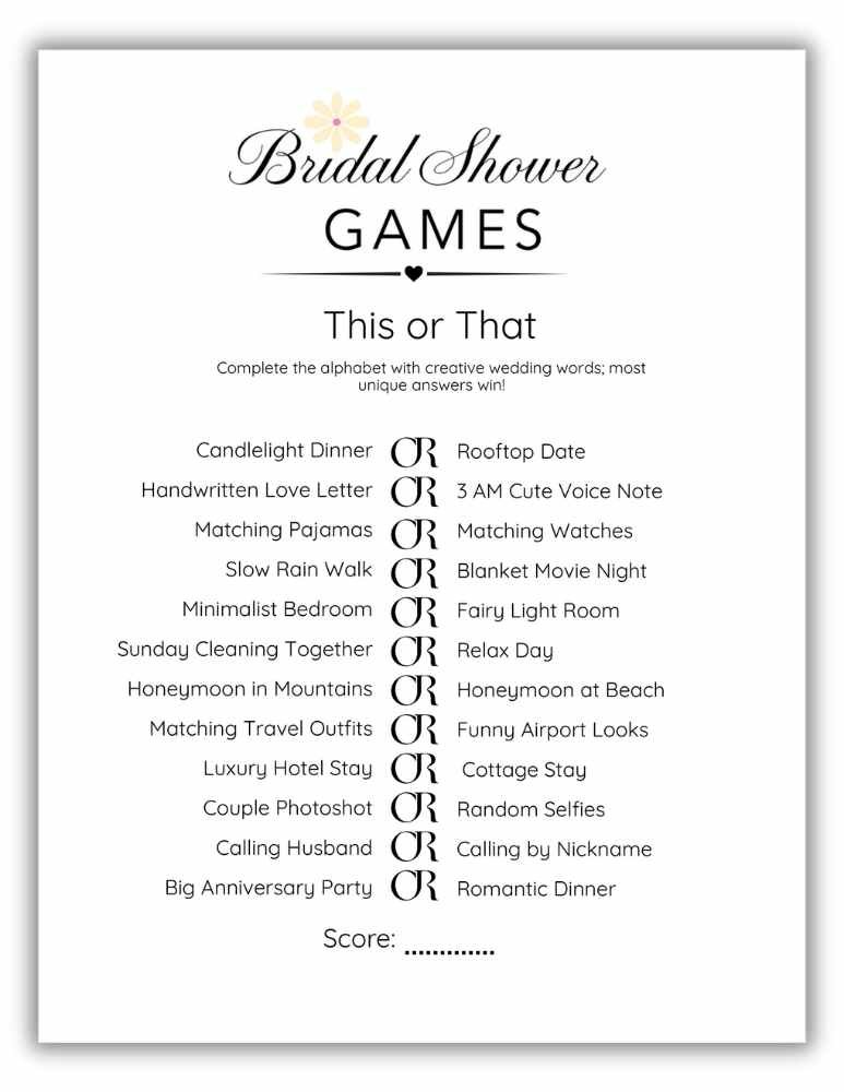 Minimalist floral This or That printable bridal shower activity with wedding themed choices.