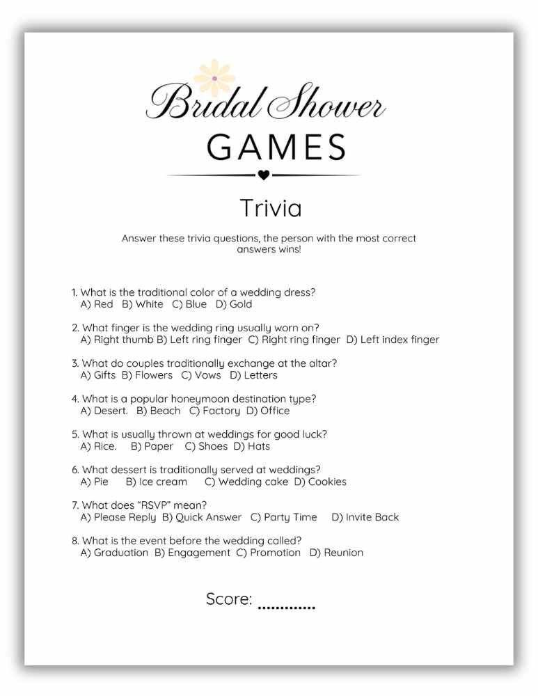 Minimalist floral bridal shower trivia printable game with wedding themed quiz questions.