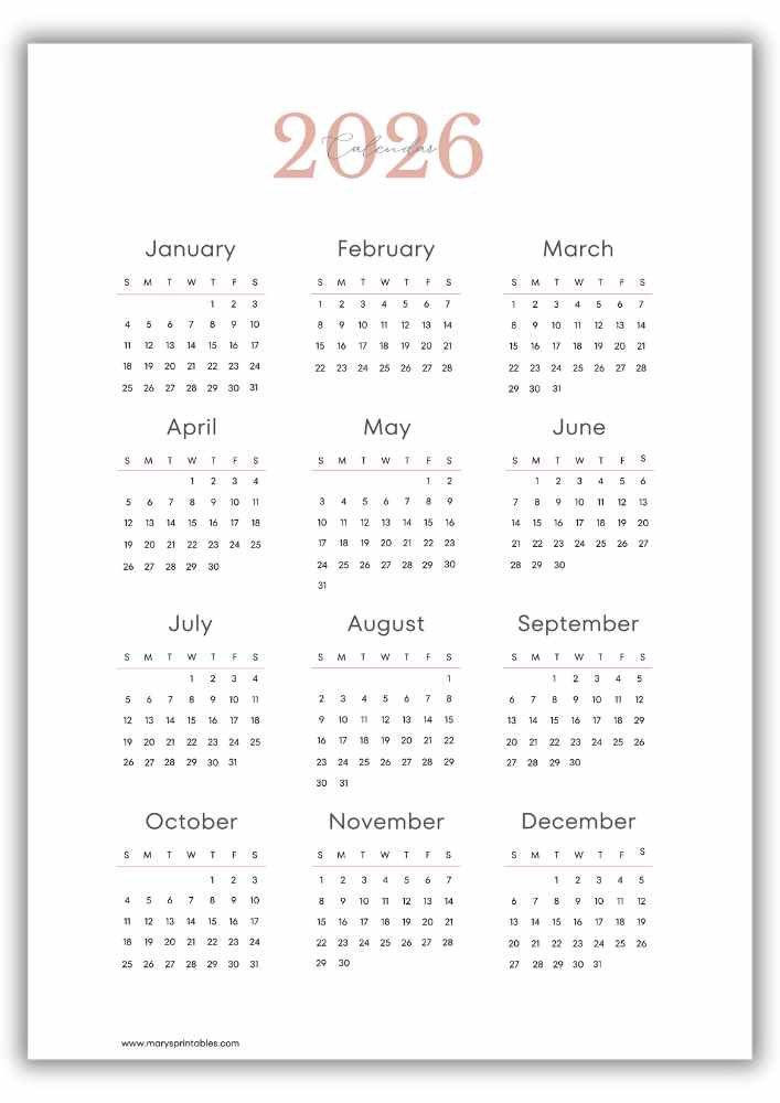 Warm Peach Printable 2026 Yearly Calendar