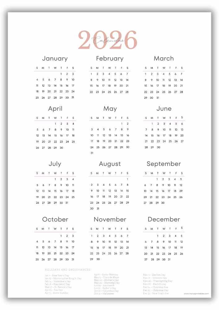 Warm Peach Printable 2026 Yearly Calendar with US Holidays