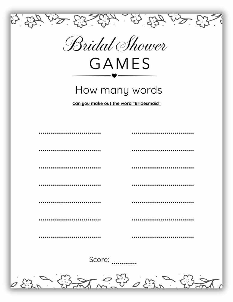 Bridal shower word puzzle printable bridesmaid challenge with black and white floral doodle style.