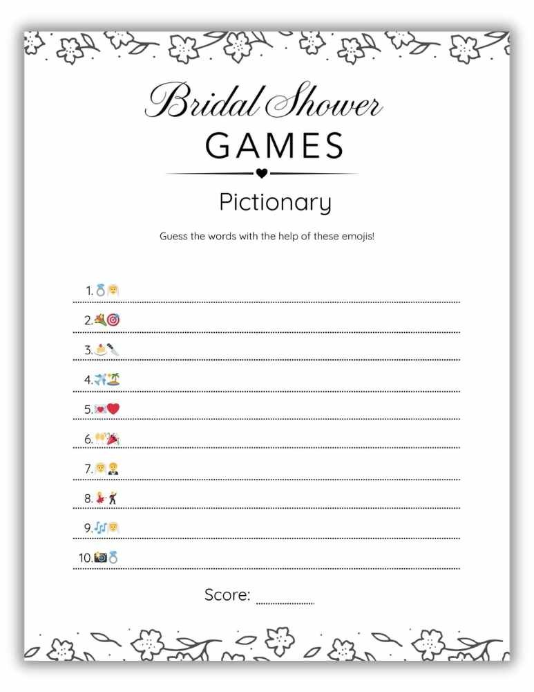 Emoji pictionary bridal shower printable game with black and white floral doodle style.