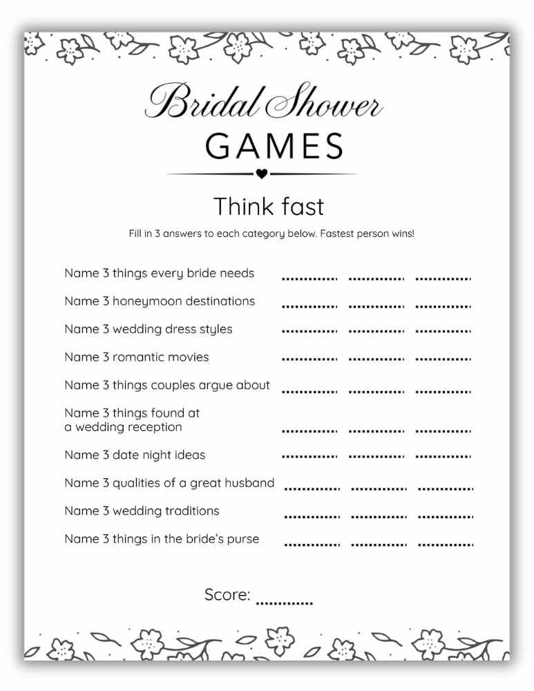 Think fast printable bridal shower game with black and white floral doodle border.