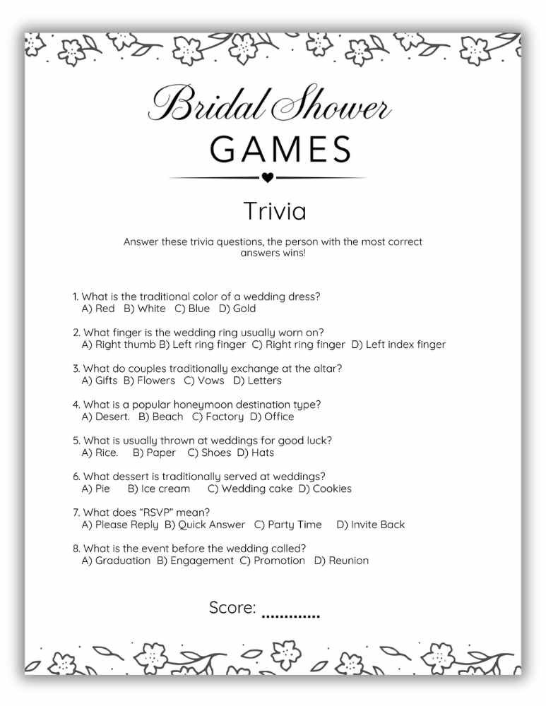 Bridal shower trivia printable game with black and white floral doodle border.