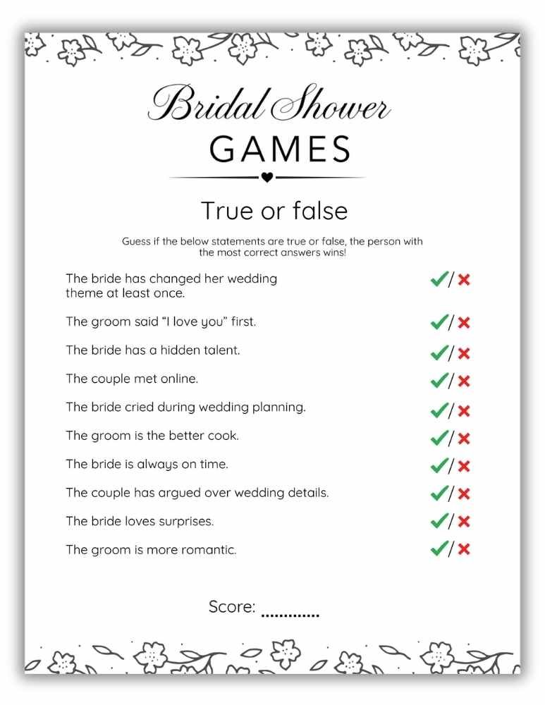 True or false printable bridal shower game with black and white floral doodle border.