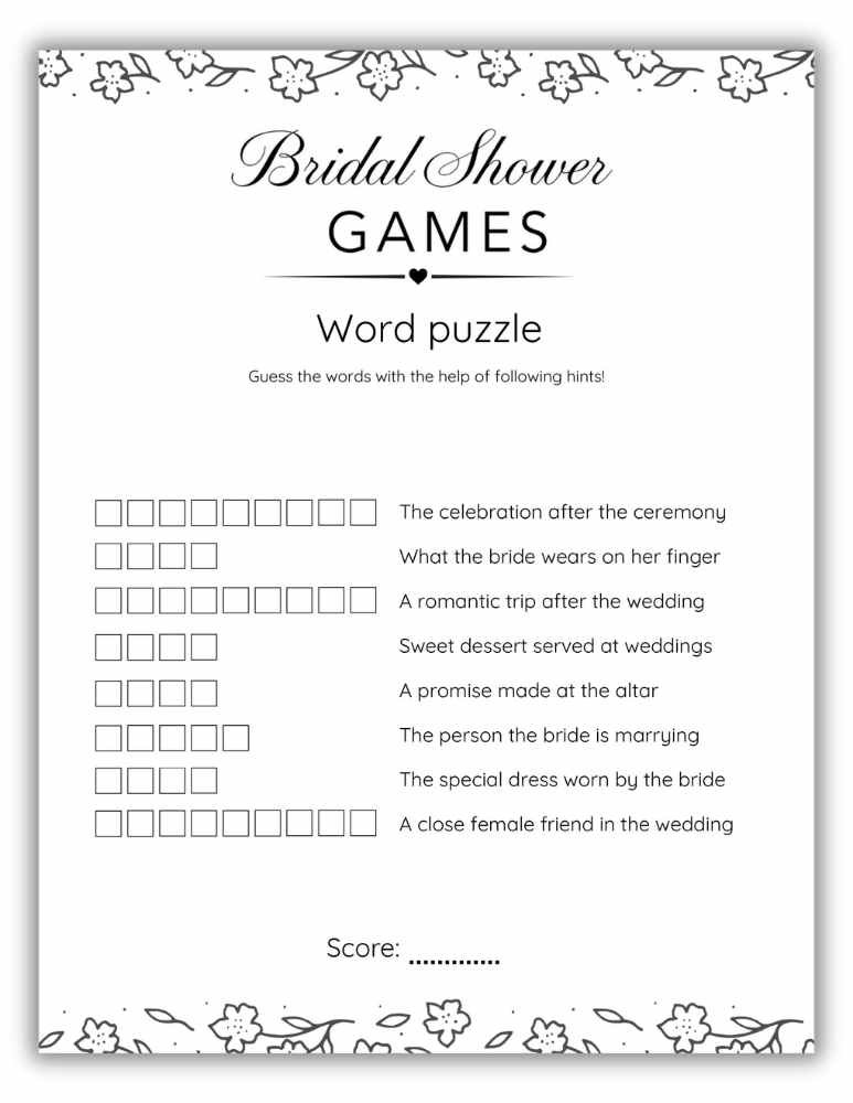 Wedding word puzzle printable bridal shower game with black and white floral doodle border.