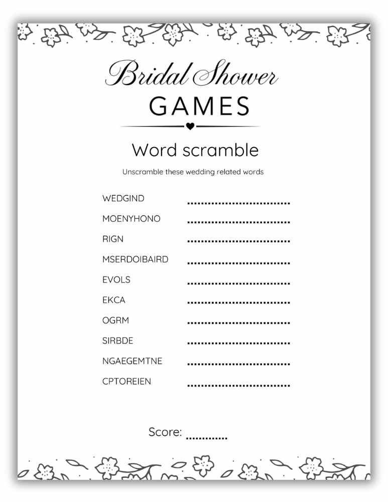 Wedding word scramble printable bridal shower puzzle with black and white floral doodle border.