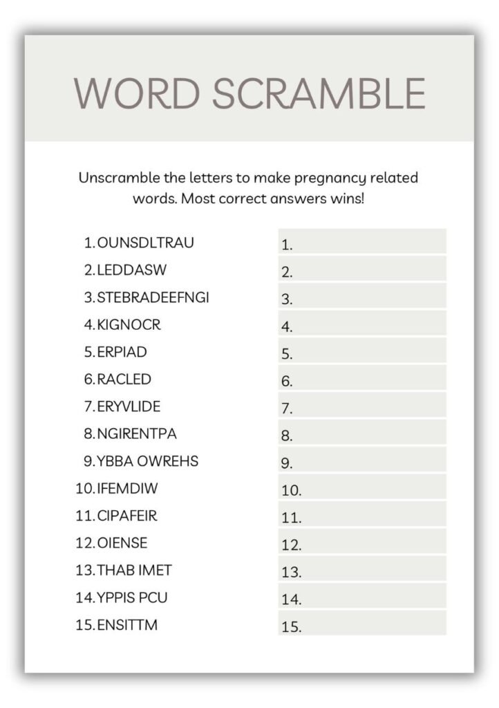Neutral minimalist baby shower word scramble game featuring 15 scrambled pregnancy and baby-related words.