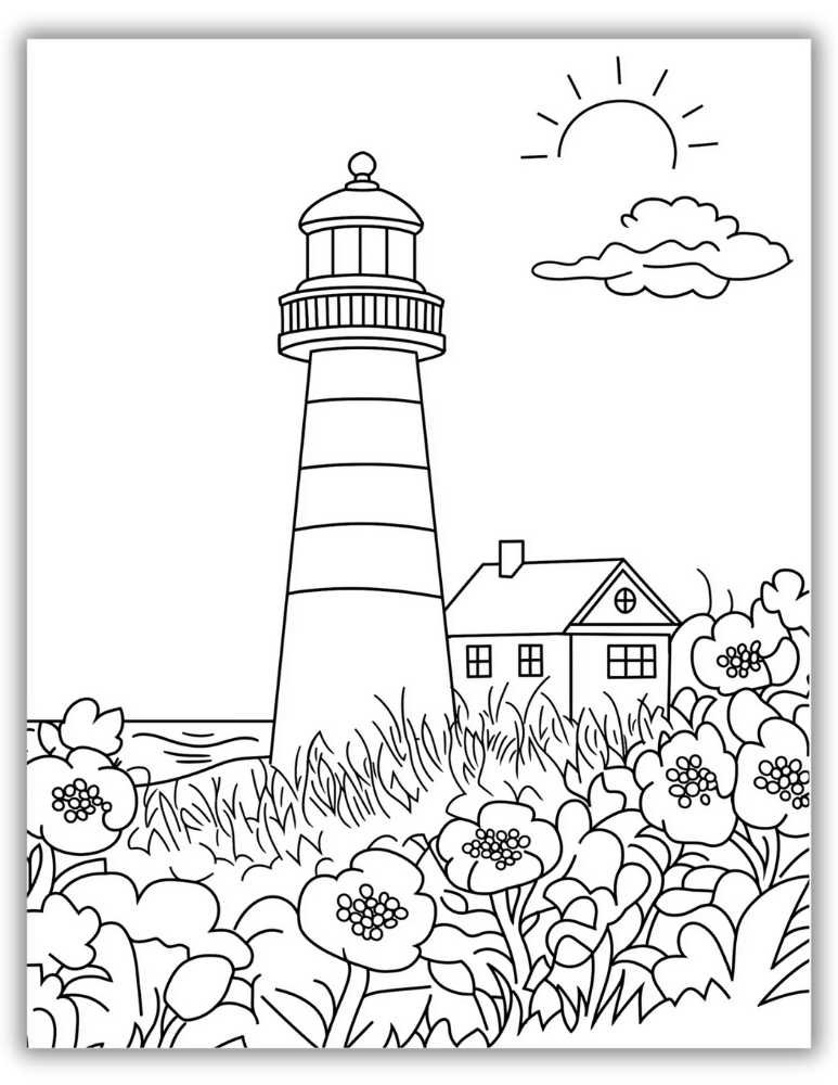 Coastal lighthouse with blooming flowers in the foreground – free printable PDF coloring page with seaside charm.