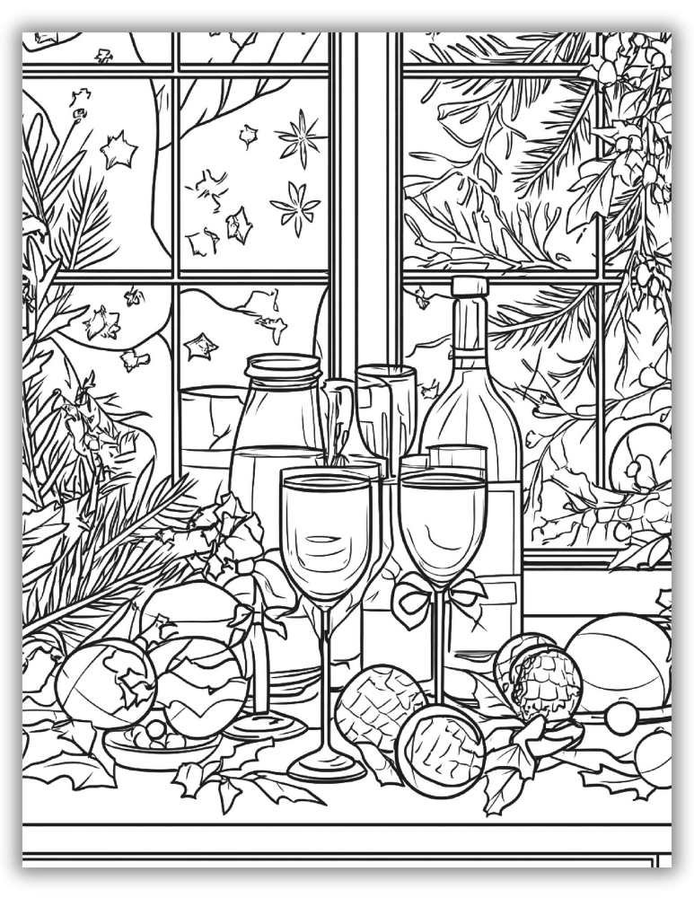 Elegant New Year’s table setting with ornaments, glasses, and winter decor by a frosty window – free printable PDF coloring page for mindful relaxation.