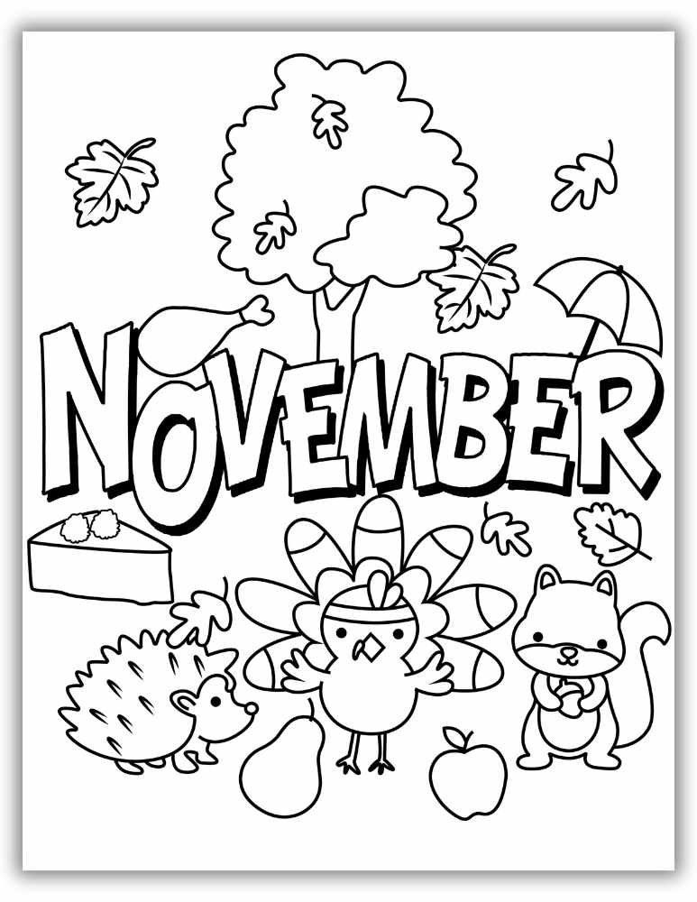 Thanksgiving feast scene with turkey, pie, and seasonal decor – free printable PDF coloring page for kids and families.