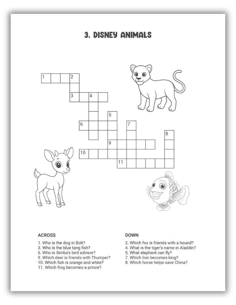 Disney Crossword Puzzles Free PDF Download: Disney Animals
