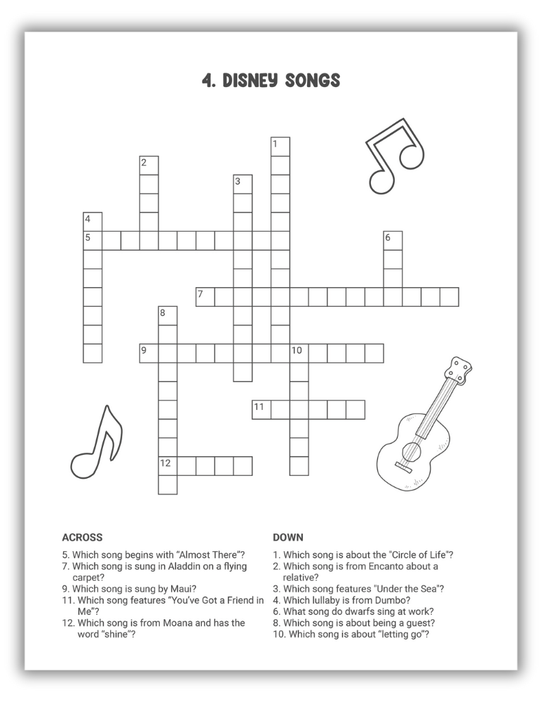Disney Crossword Puzzles Free PDF Download: Disney Songs