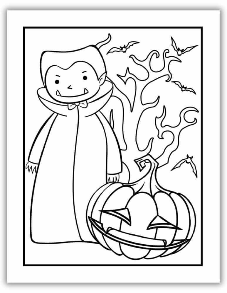 Free printable Halloween coloring page with a cute cartoon vampire for spooky fun.