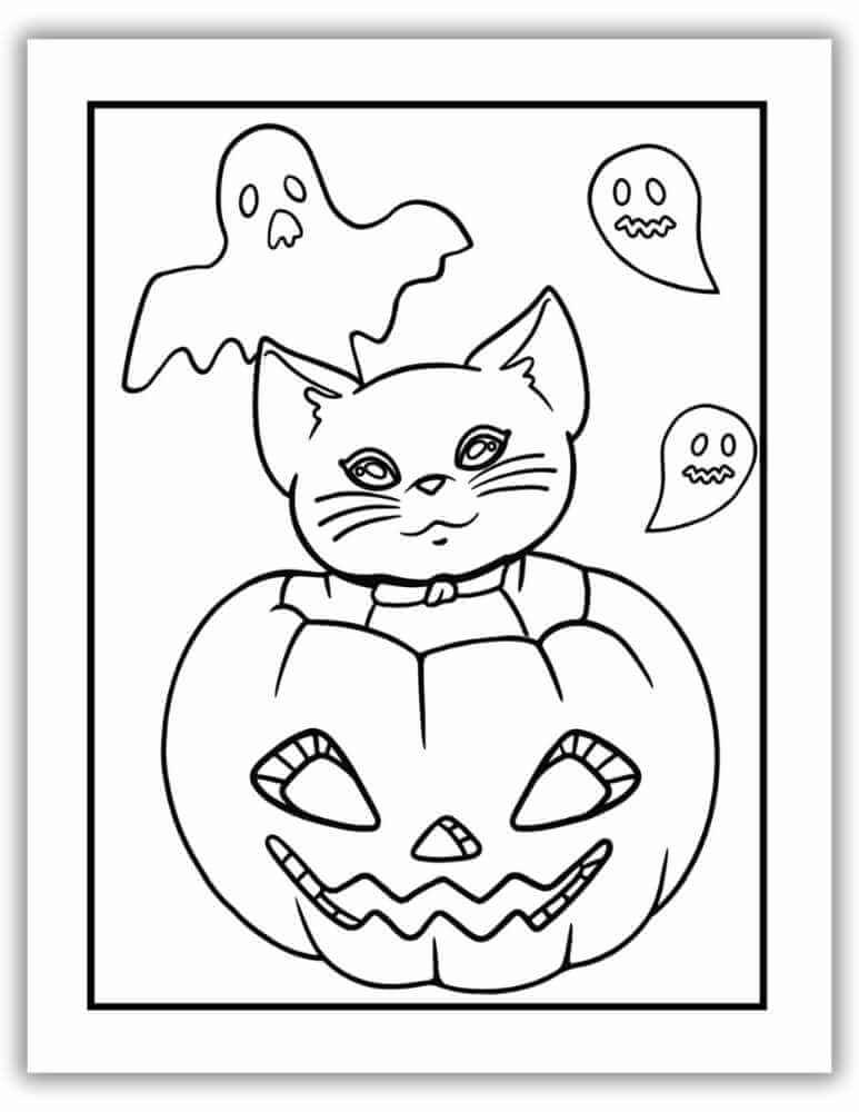 Cute Halloween coloring sheet featuring a black cat and ghost – fun printable for kids.