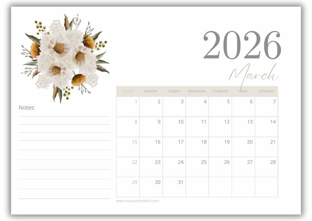 March calendar with soft watercolor florals in a landscape layout, light and airy for everyday notes.