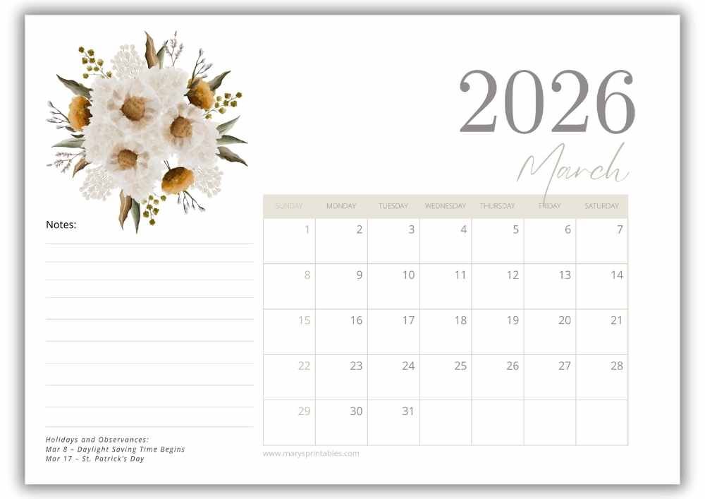 Watercolor floral March calendar in landscape format with US holidays included.
