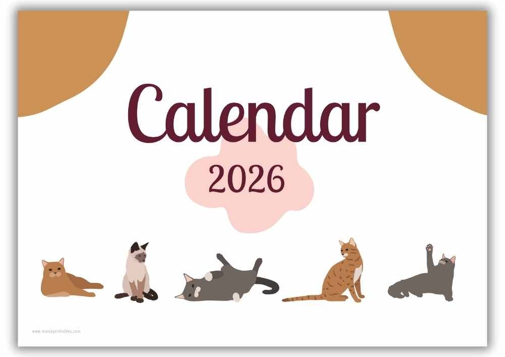 2026 monthly calendar cover featuring cute cat-themed design in landscape format