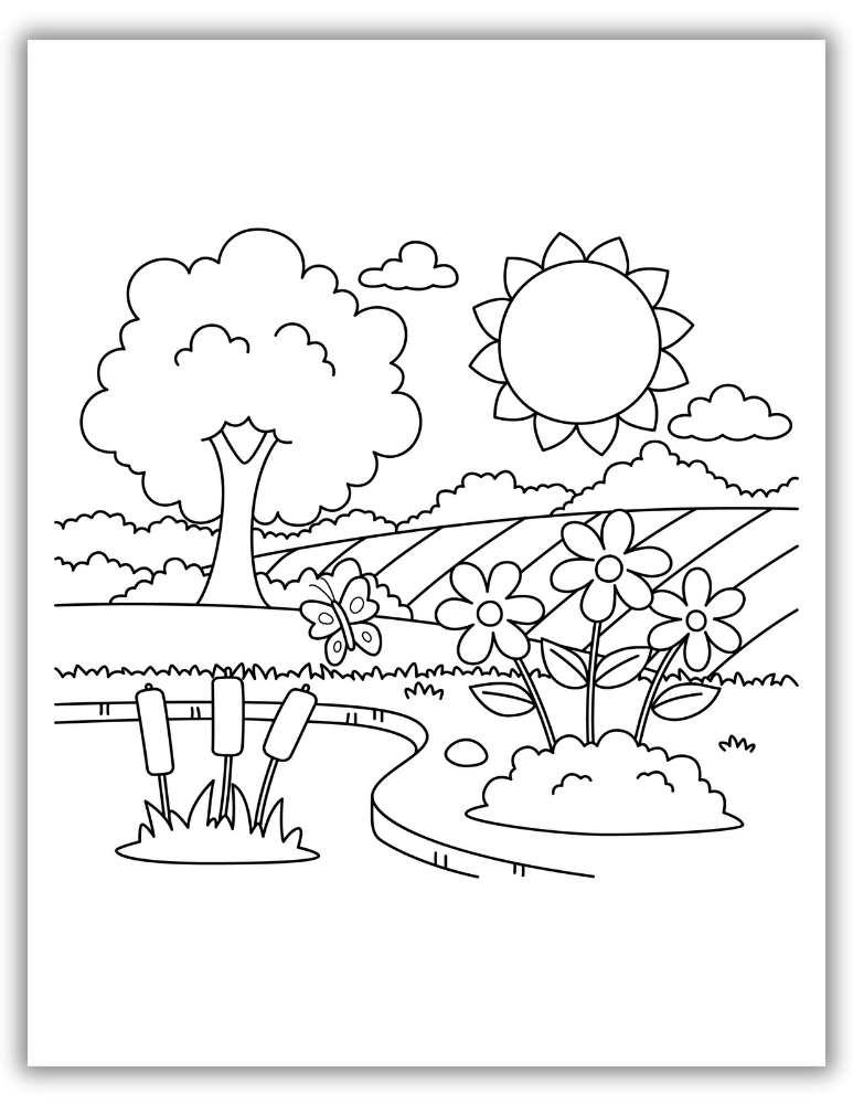 Easy garden scene with tree, flowers, and a shining sun – free printable PDF coloring page for toddlers and young kids.