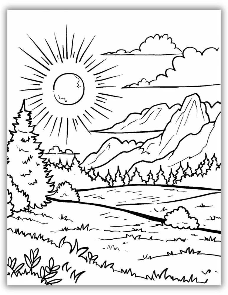 Sun rising over the hills with soft clouds and trees – free printable PDF coloring page capturing the beauty of morning.