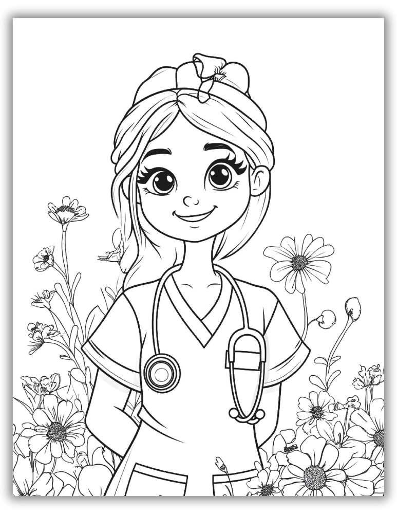 Lovely girl nurse smiling with flowers in the background – free printable PDF coloring page blending kindness and beauty.