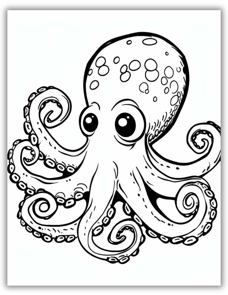 Happy octopus with large expressive eyes and wavy tentacles – free printable PDF coloring page full of ocean charm.