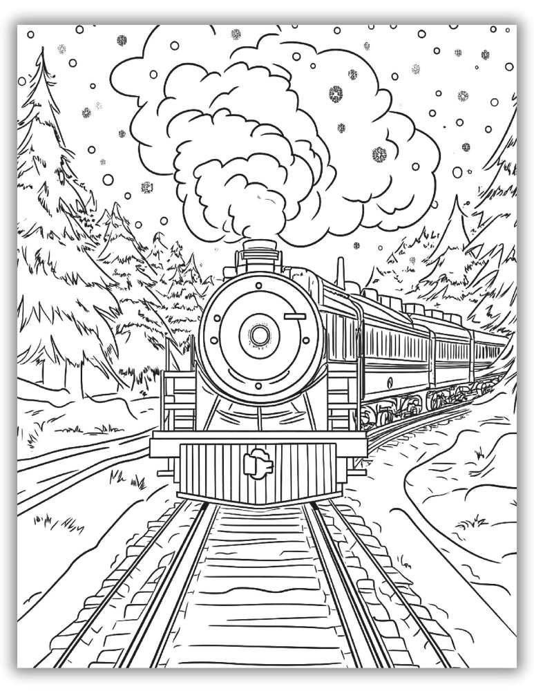 Classic Polar Express train chugging down snowy tracks