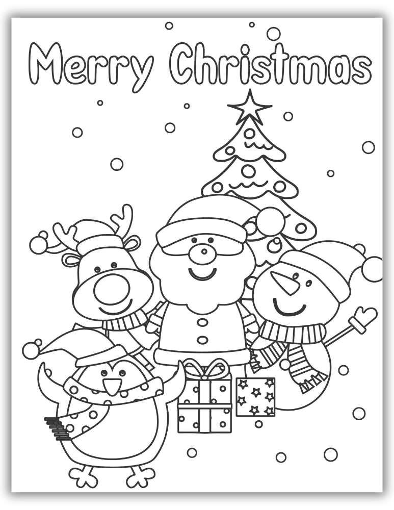 Holiday Coloring Page for Kids – Merry Christmas with Popular Characters like - Santa, Rudolph, Snowman, Penguin