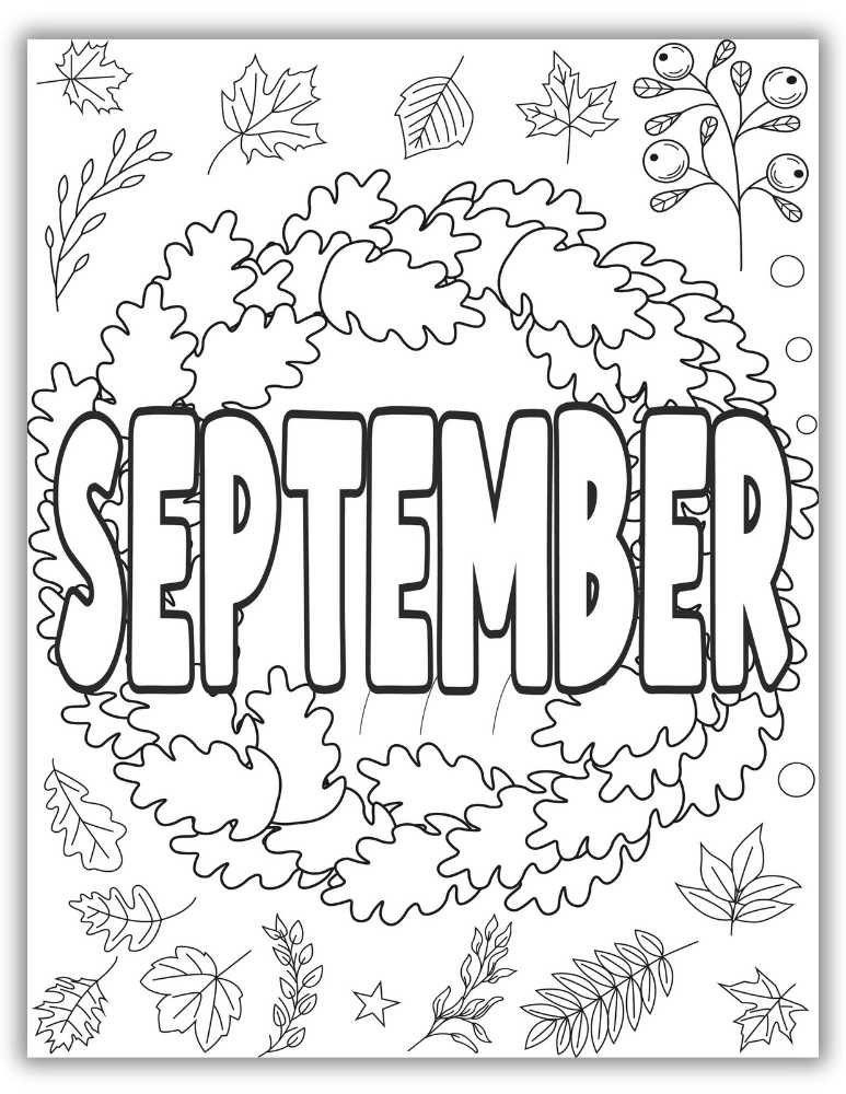 September coloring page with fall leaves wreath surrounding the word September, ideal for autumn coloring