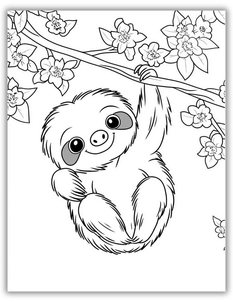 Happy sloth hanging from a flowering branch &mdash; easy sloth coloring page for children.