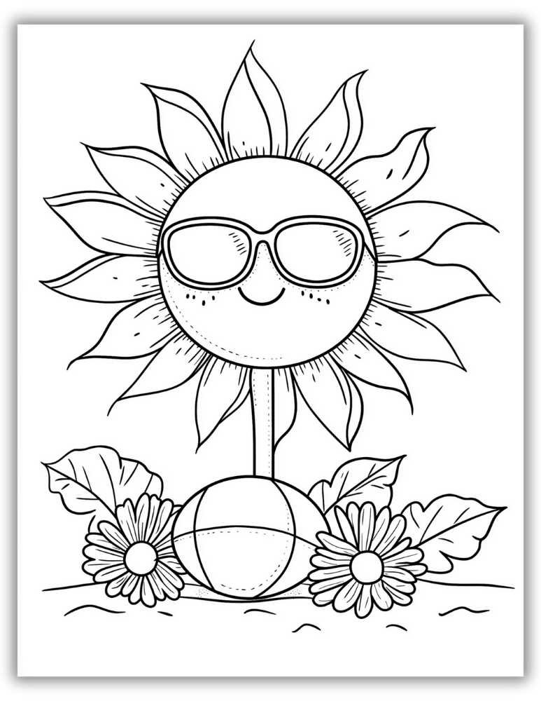 Fun summer coloring page with a smiling sunflower wearing sunglasses, surrounded by flowers and a beach ball