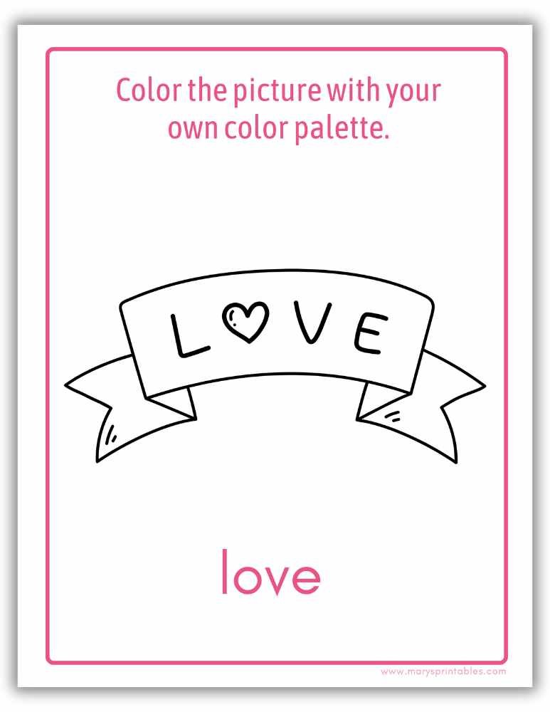 Printable Valentine learning page with color the picture activity showing a love ribbon