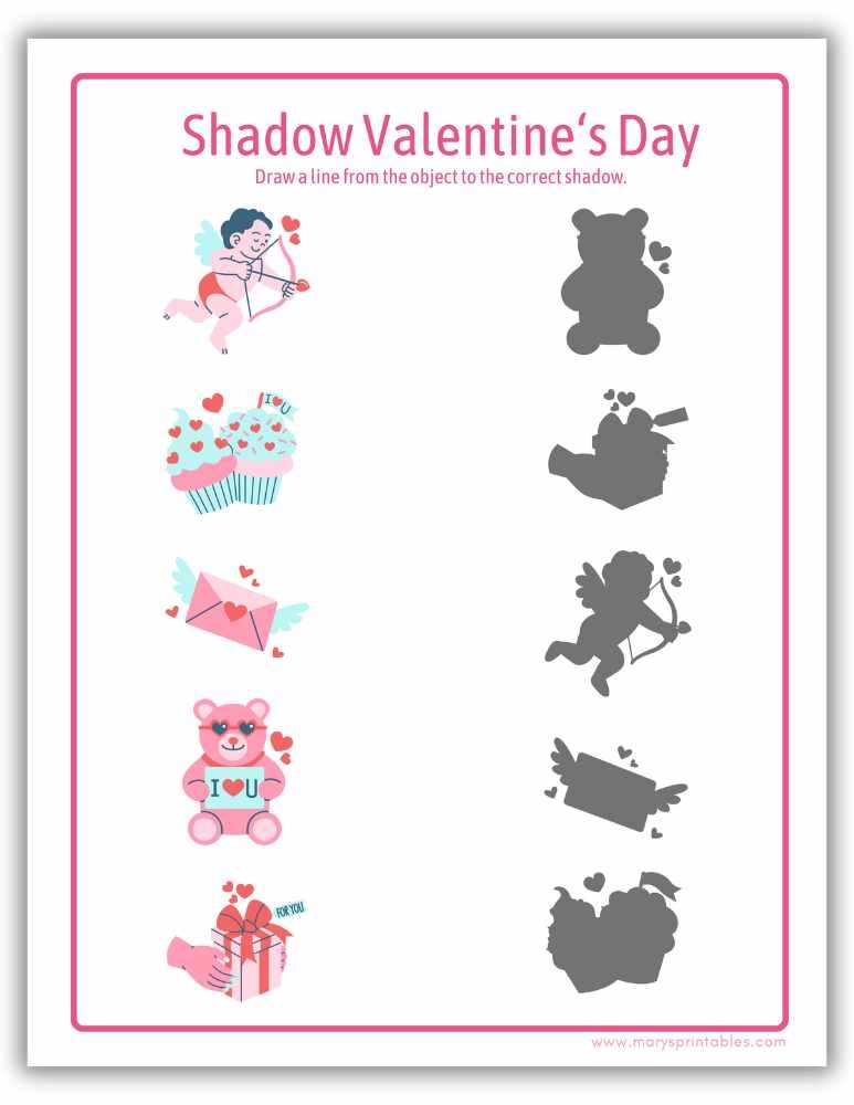 Valentine&rsquo;s Day shadow matching worksheet printable for kids