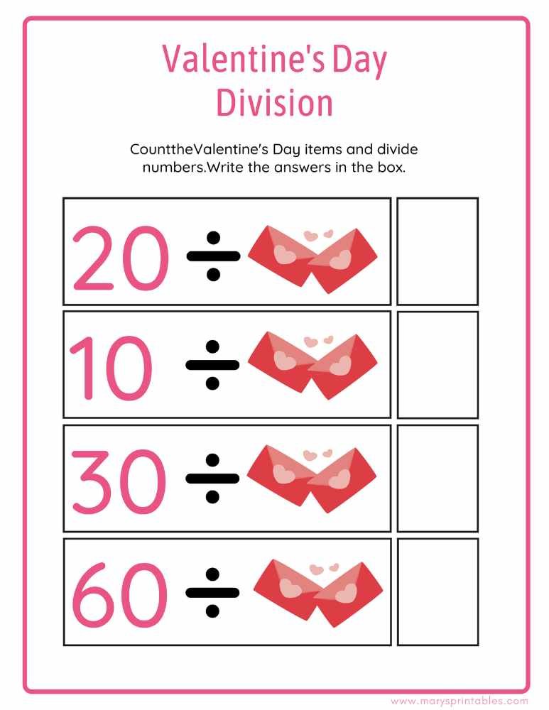 Valentine&rsquo;s Day division worksheet printable with themed math problems