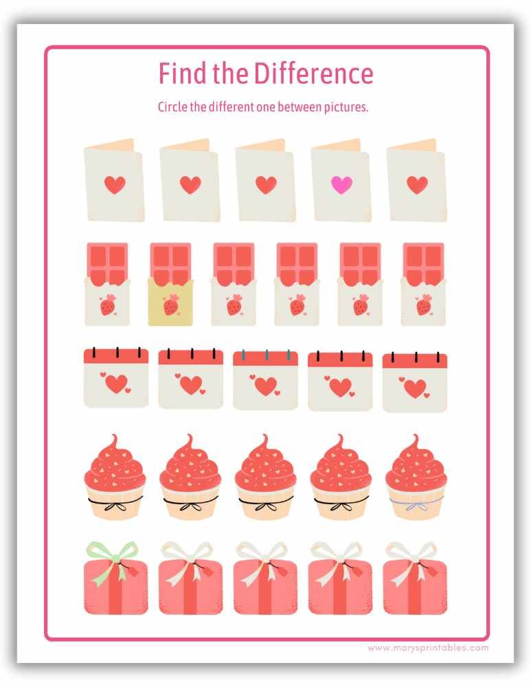 Printable Valentine activity find the difference worksheet for kids