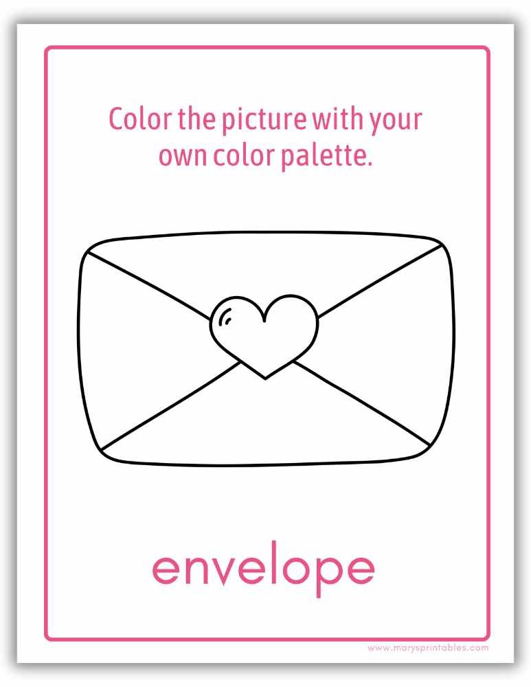 Printable Valentine activity mockup with coloring task showing a love envelope