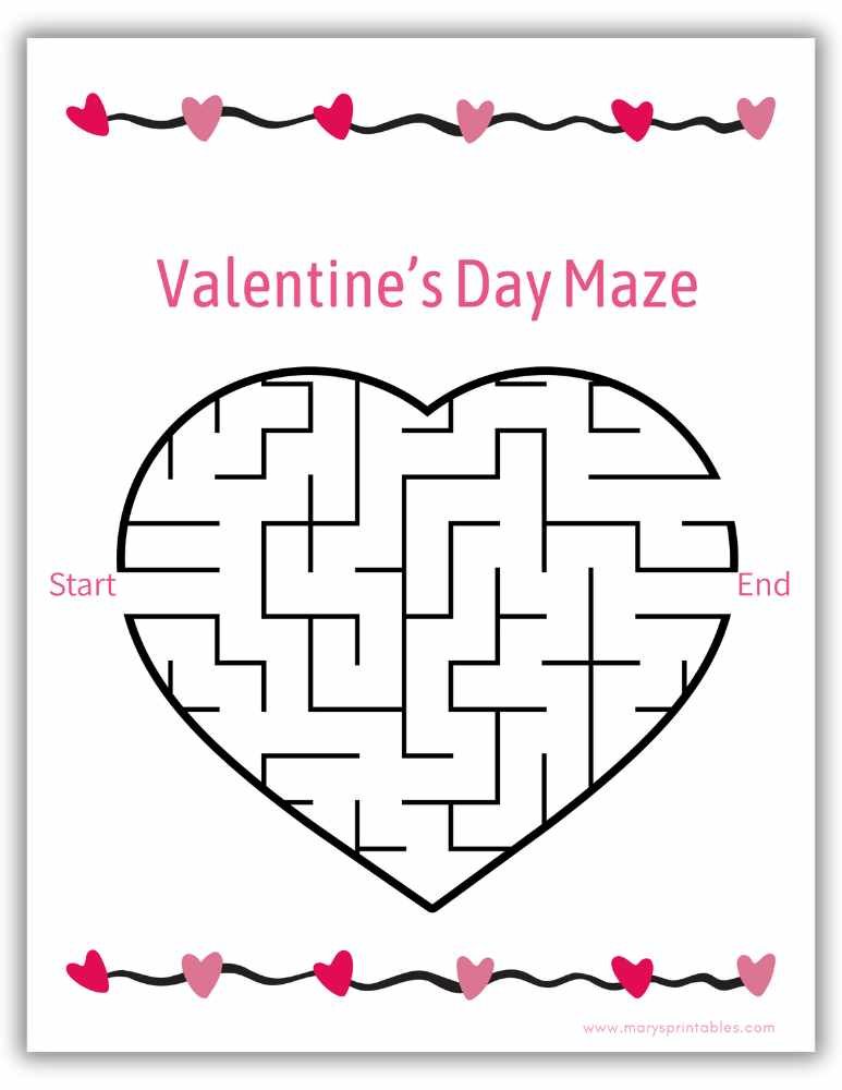 Valentine&rsquo;s Day maze worksheet printable with heart-themed path