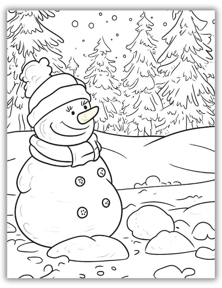 Winter coloring page with a smiling snowman standing in a snowy forest landscape