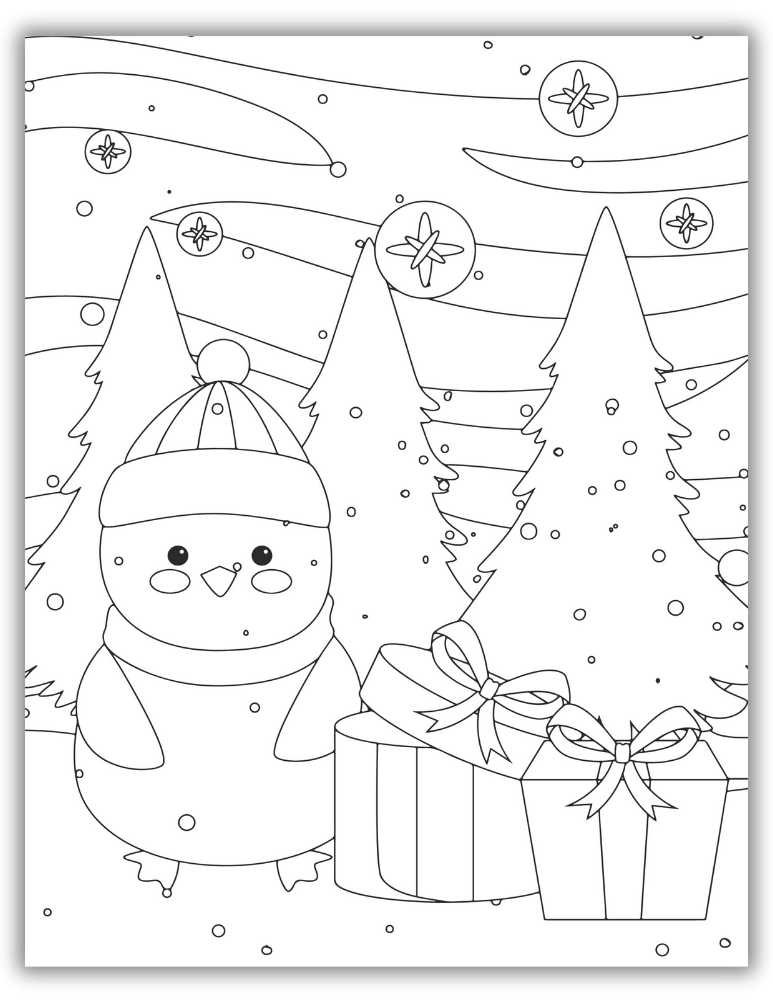 Cute winter coloring page featuring a penguin wearing winter clothes beside wrapped presents