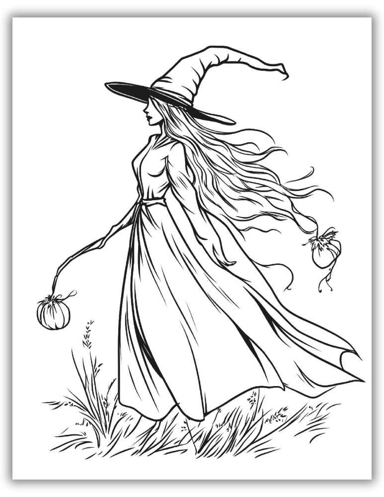 Free witch with long hair coloring page 