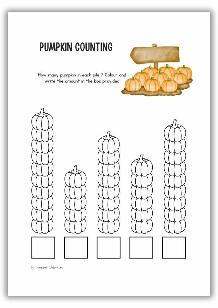 Halloween counting worksheet for kids to count pumpkins, color them, and write totals.