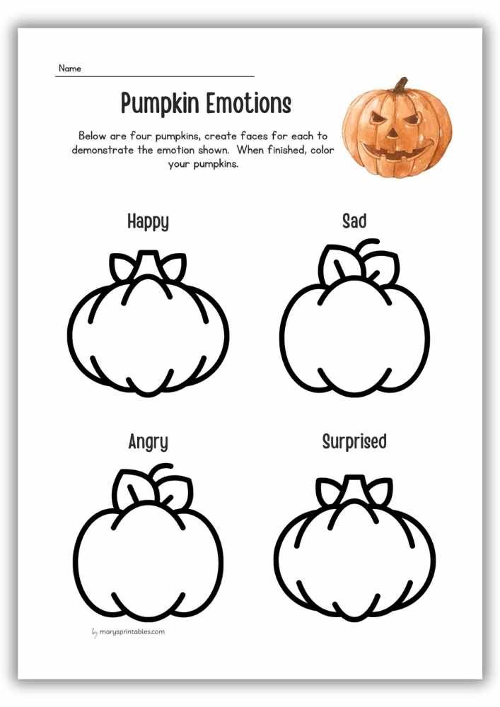 Pumpkin emotions worksheet – create and color different faces.