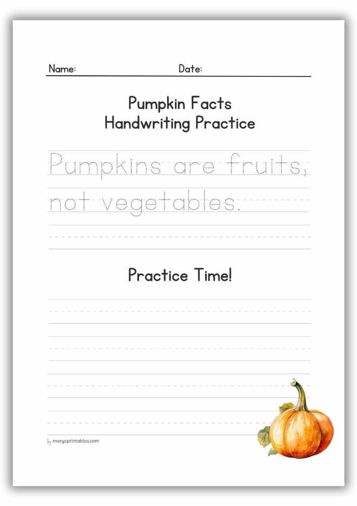 Handwriting Practice #3 - Worksheet for Kids Pumpkin Facts