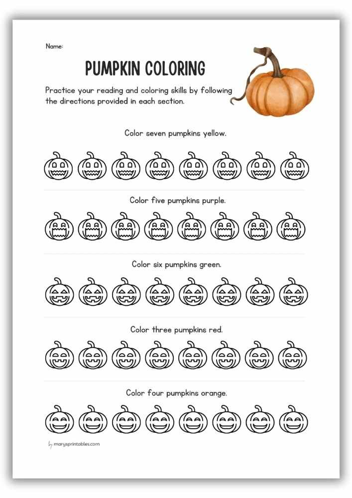 Pumpkin coloring worksheet with reading and instructions.