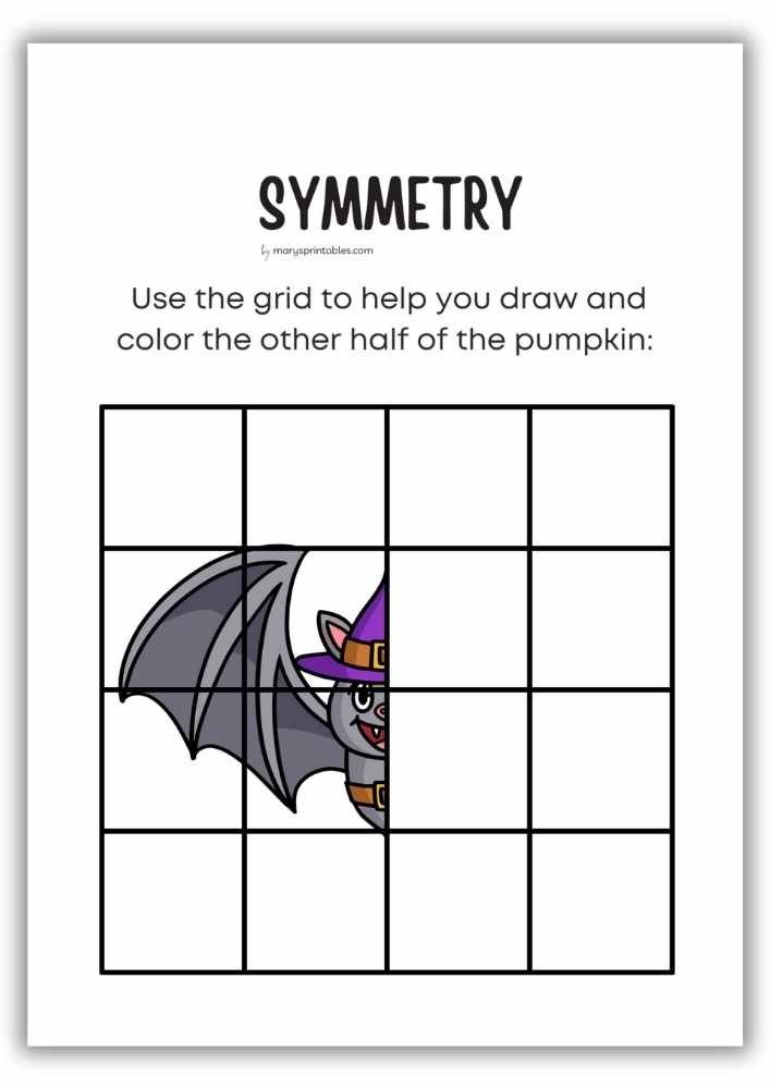 Pumpkin symmetry worksheet with grid drawing activity - Bat